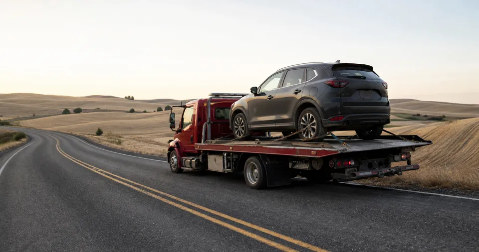 Flatbed tow truck carrying a dark SUV along a rolling Palouse road outside Pullman, Washington