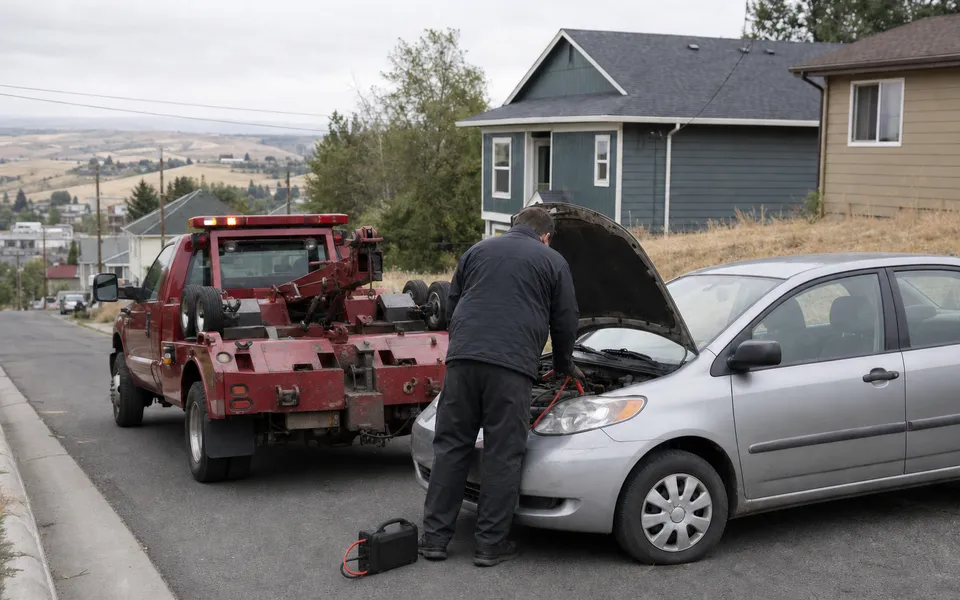 Tow operator helping a silver car on a steep residential street overlooking the Palouse in Pullman, Washington